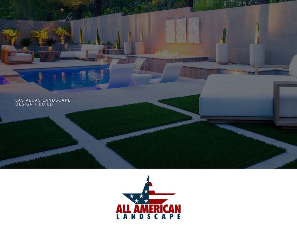 Modern Las Vegas landscape design with pool, seating, and illuminated features by All American Landscape.