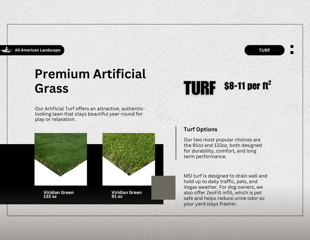 Premium artificial grass options for lawn play and relaxation, priced $8-11 per sq ft.
