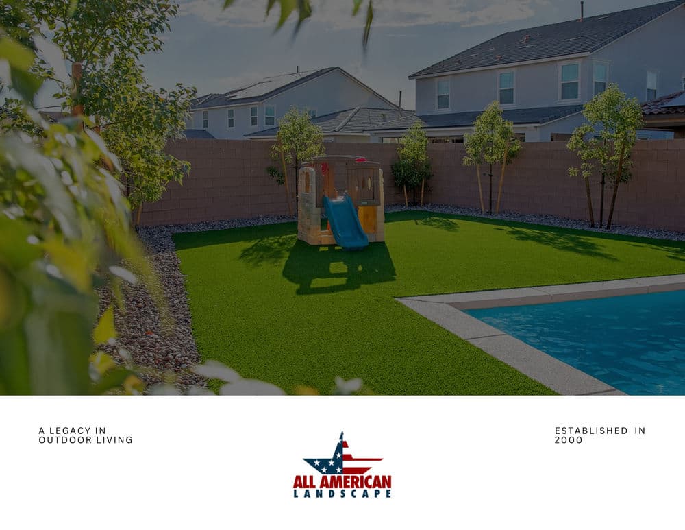 Modern backyard landscape with synthetic grass, pool, and play structure, designed by All American Landscape.