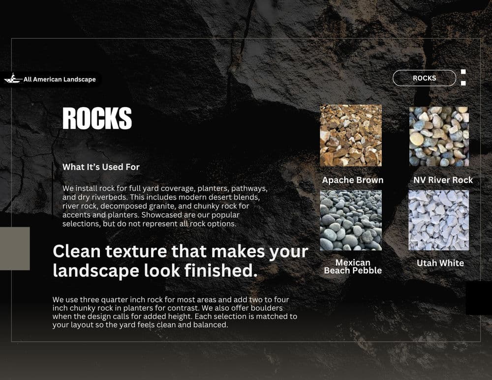 Rocks for landscaping: Apache Brown, NV River Rock, Mexican Beach Pebble, Utah White options.