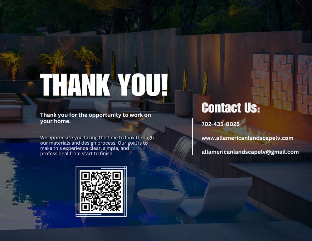Thank you note for landscaping services with contact info and QR code. Modern outdoor space.