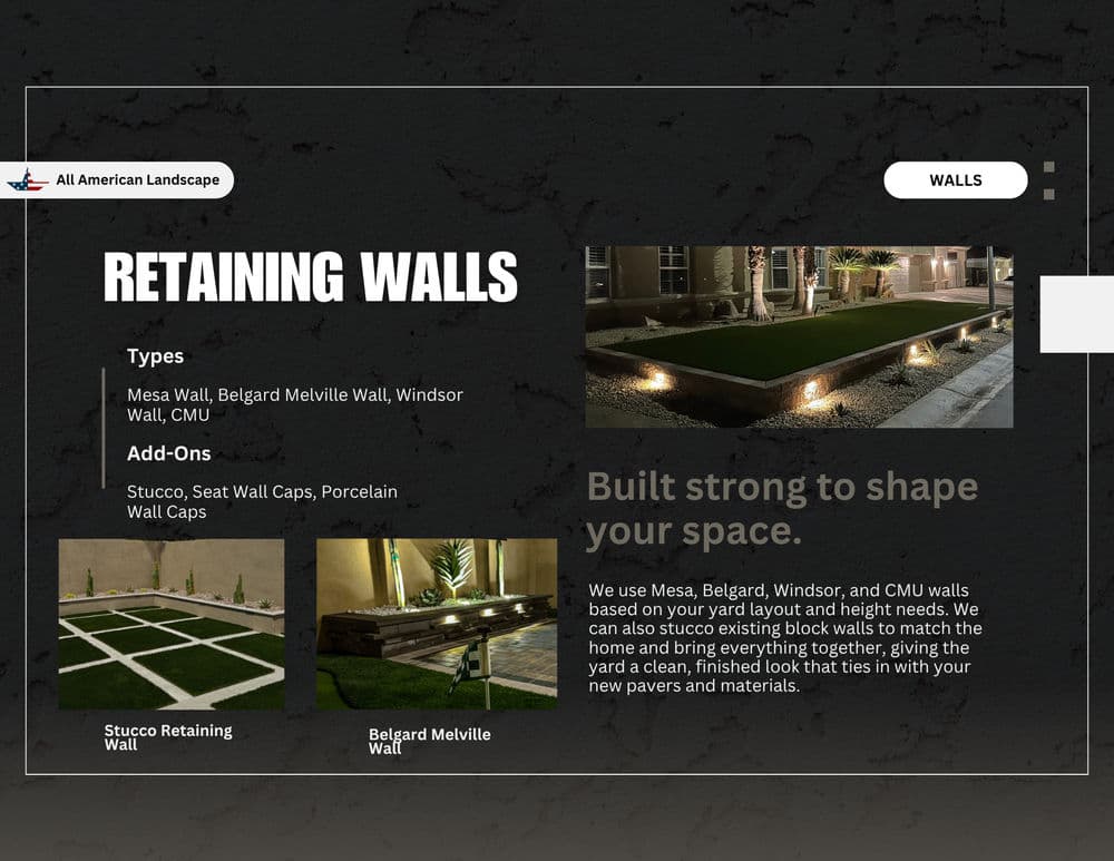 Retaining wall options and features for landscape design by All American Landscape.
